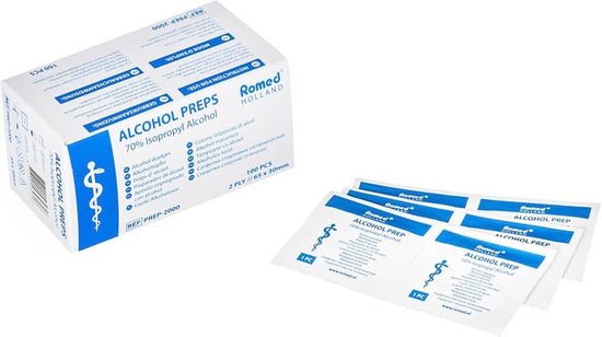 Doos met 100 Romed alcohol swabs, 70% isopropyl alcohol, elk individueel verpakt.