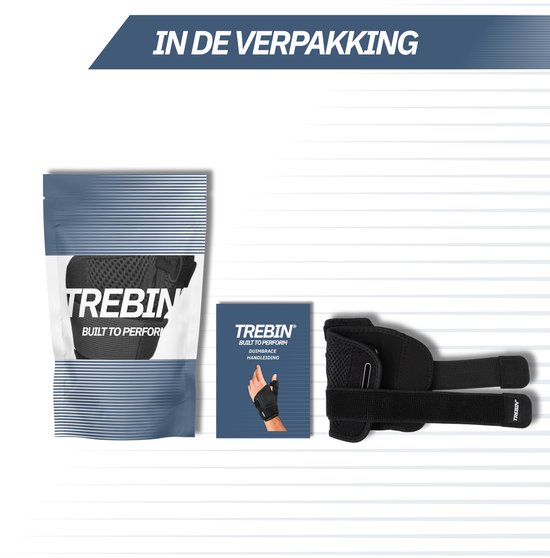Verpakking met een zwarte duimbrace, een handleiding en een plastic zak met het Trebin logo.
