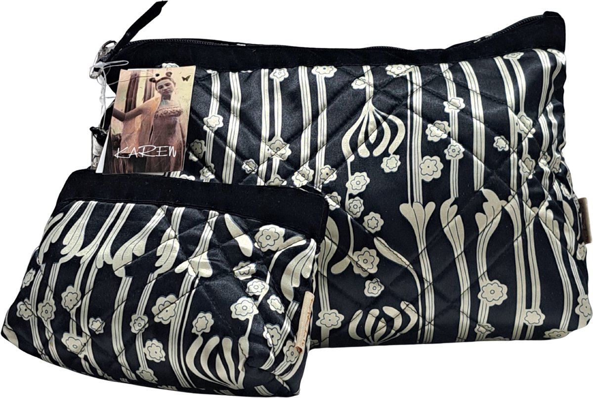 Karen Black Tulip Toilettasset 2-Delig – Luxe Wasbare Toilettas + Make-uptasje – Zachte Beautycase met Vakken – Groot Formaat Reisset (30×9×20 cm)