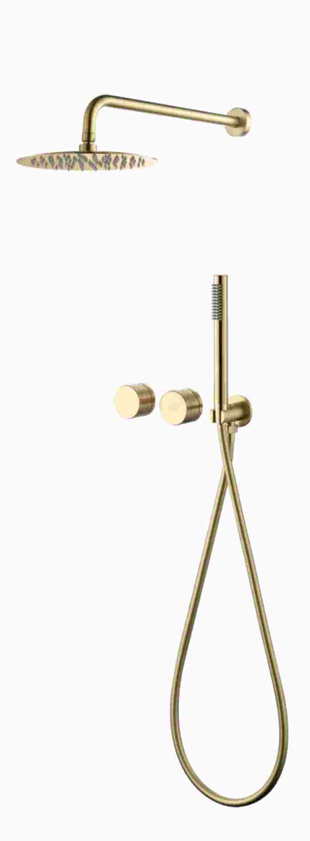 Hudor Doucheset Geborsteld Goud Messing - Luxe Regendouche Set Mat Goud - Design Douchestang Scamandre Collectie - Premium Douchestrip UPC Gecertificeerd