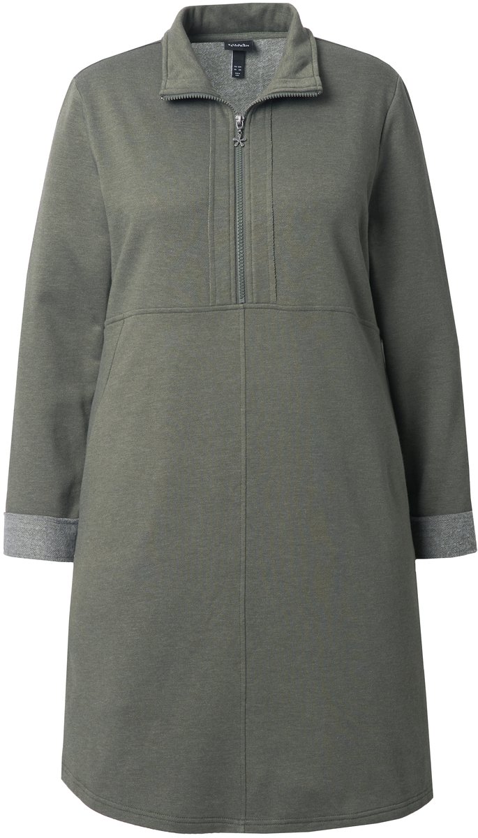 Ulla Popken Dames - Sweatjurk troyerkraag A-lijn lange mouwen zakken - Olijfgrijs - Maat 50+