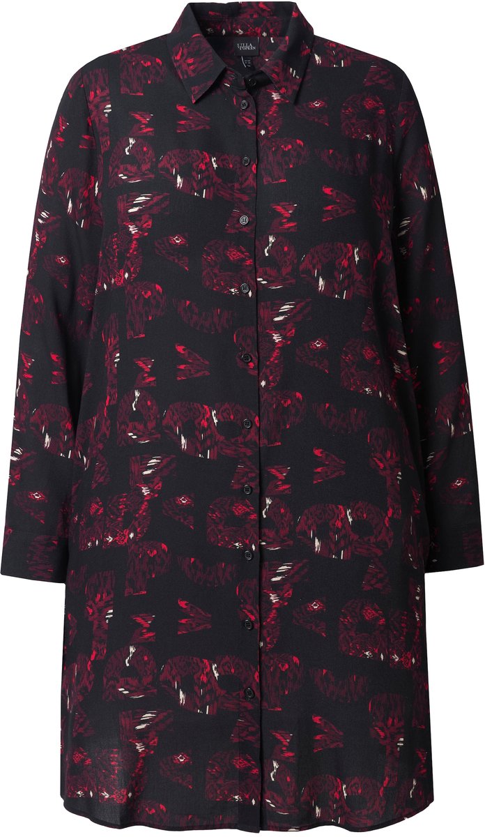 Ulla Popken - Dames - Lange blouse zakken A-lijn overhemdkraag lange mouwen - Zwart - Maat 50+