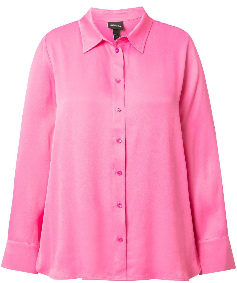 Ulla Popken - Dames - Overhemdblouse overhemdkraag lange mouw satijn - Roze - Maat 62+