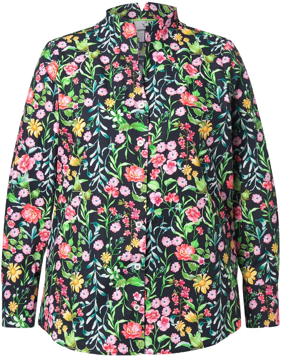 Ulla Popken - Dames - Blouse bloemen gobletkraag V-hals lange mouw - Grasgroen - Maat 54+