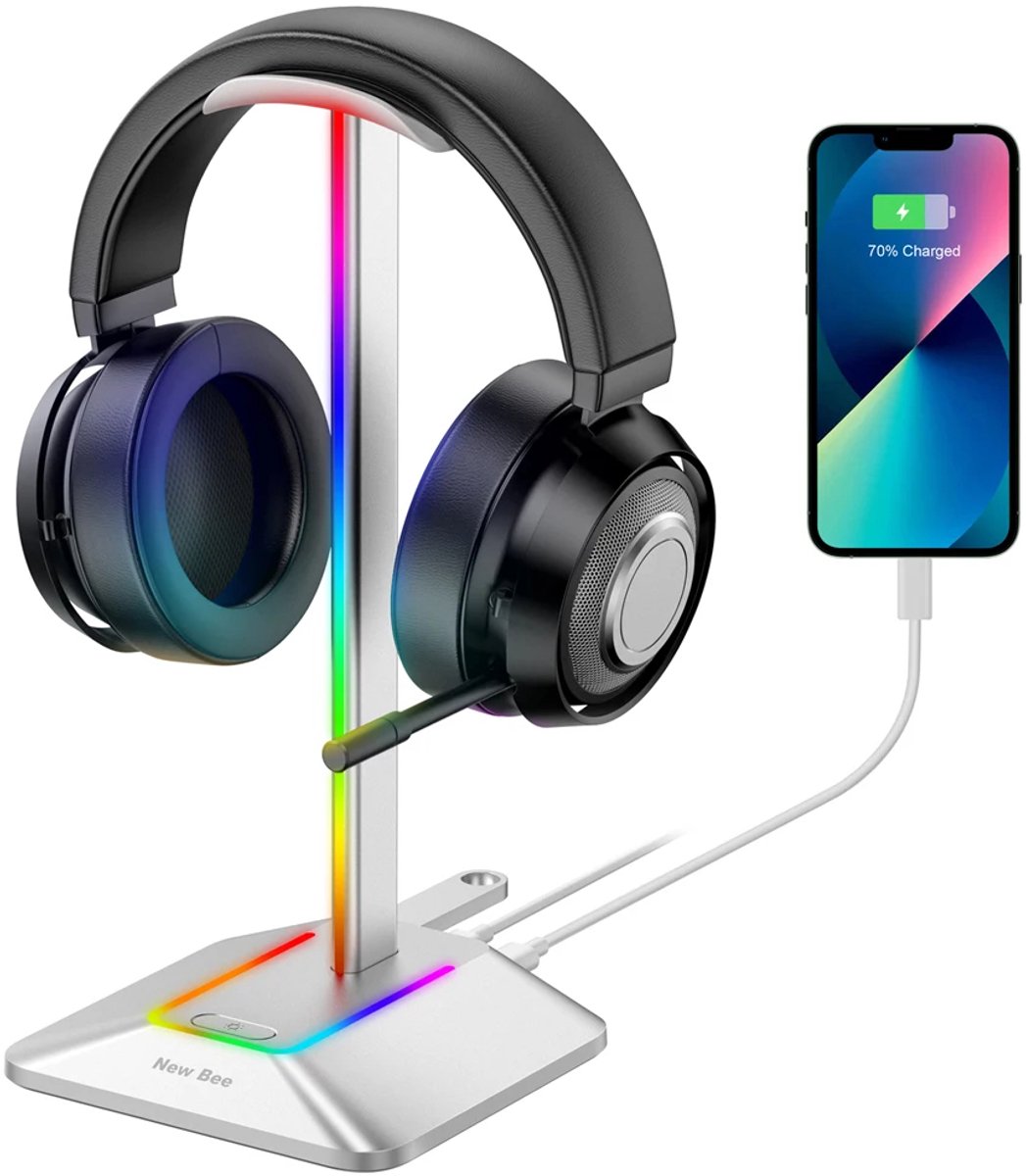 New Bee Z8 RGB Gaming Headset Houder – Koptelefoon Standaard met USB-C Poort – Laadt 2 Apparaten Tegelijk – Headset Stand met Verlichting – Universeel voor Gaming & Werkplek(zilver)