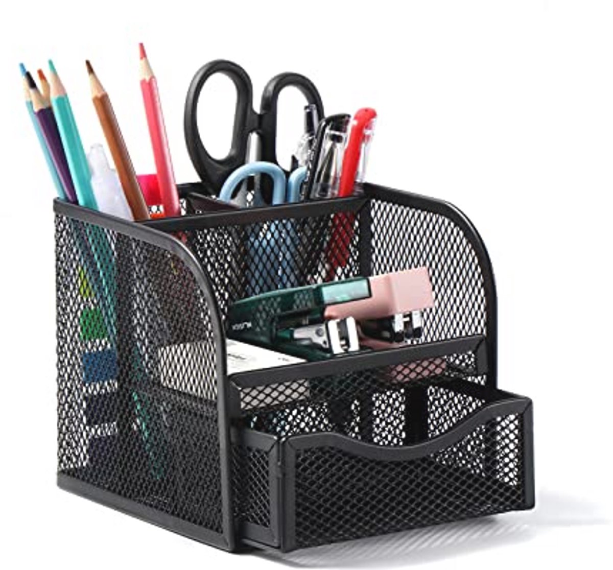 Metalen bureau-organizer met sorteervakken en uittrekbare lade