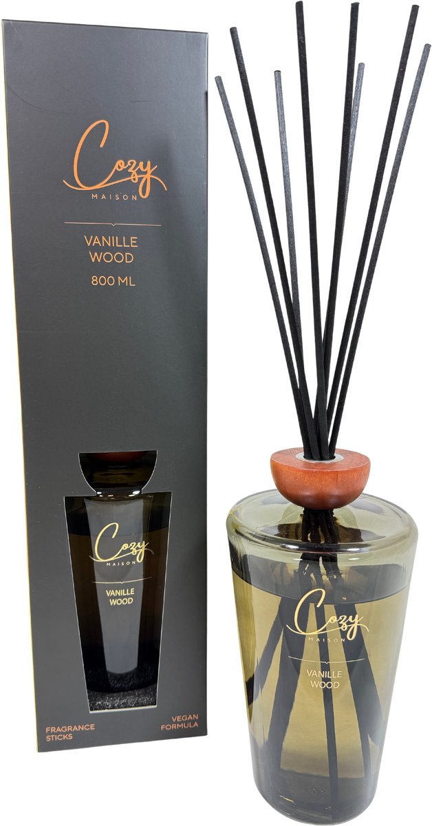 Cozy Maison Vanille Wood Geurstokjes – 800 ml – Luxe Aroma Diffuser in Antraciet – Rustgevende Geur voor Woonkamer, Slaapkamer & Badkamer