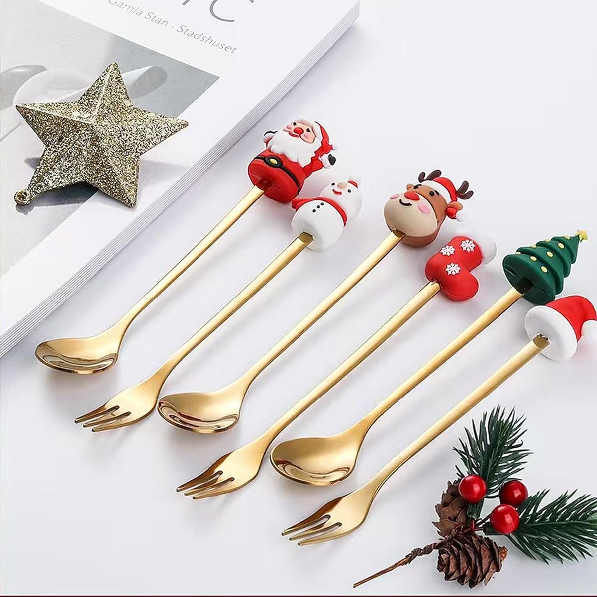 6 stuks Kerstfruitvork - Kerstontwerp - Tafeldecoratie Vorken - Feestvorken - Fruitvorken-Broodstokken IJsvorken- Vleesvorken-18,4*18,2*2,3cm - Geschikt voor Verjaardagen, Halloween, Kerstmis en Familiebijeenkomsten - goud