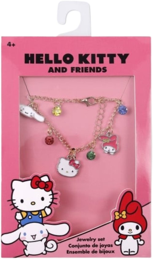 Gouden bedelarmband met Hello Kitty, My Melody, Cinnamoroll en gekleurde strass-steentjes, in verpakking met Hello Kitty en My Melody.