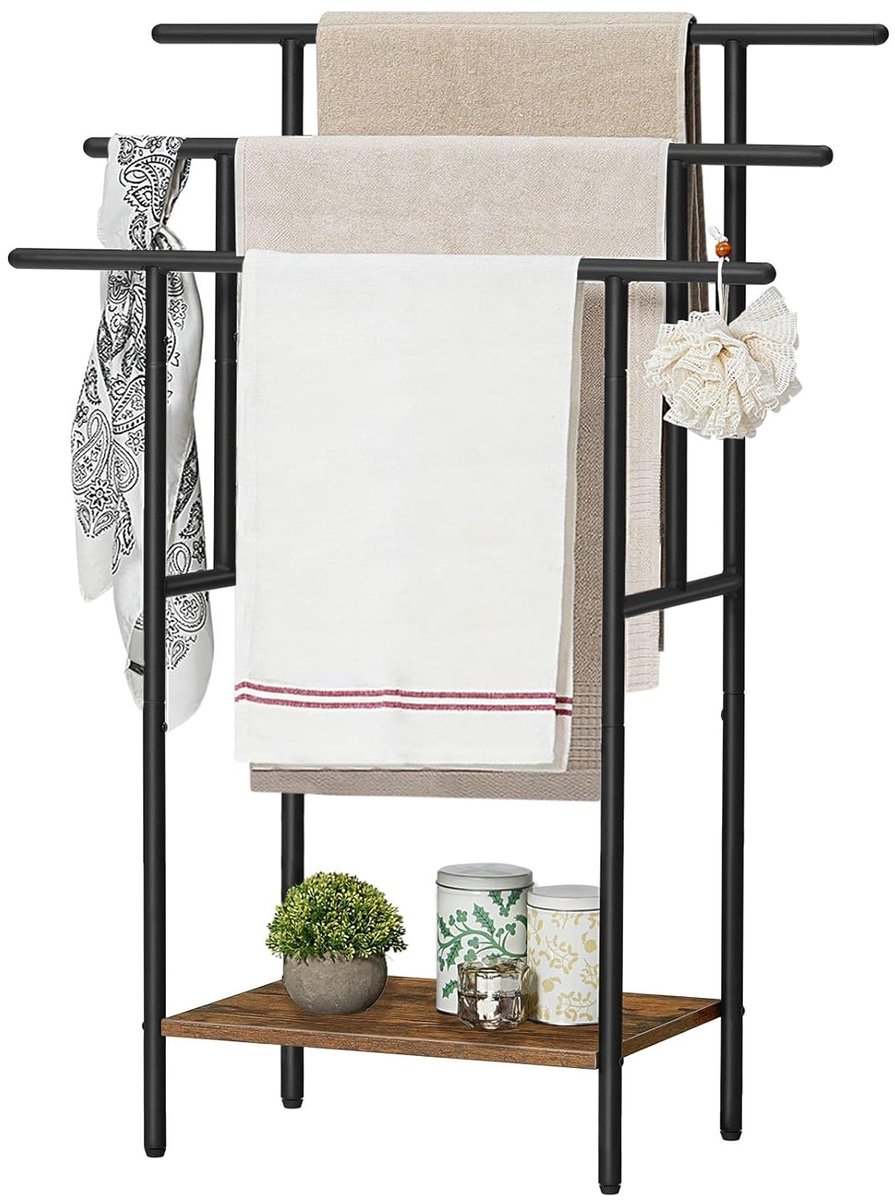 TRANKIELO® - Handdoekenrek 100 cm - Vrijstaand, 3-laags met open plank - Zwart en rustiek bruin