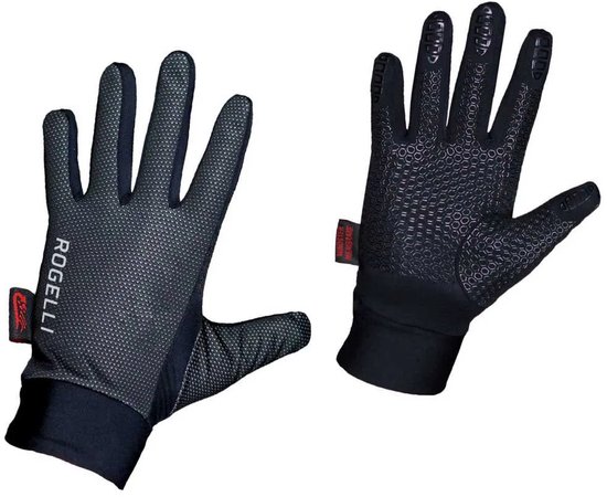 Zwarte Rogelli handschoenen met gestippeld patroon en rode label, hexagonaal grip op handpalm.