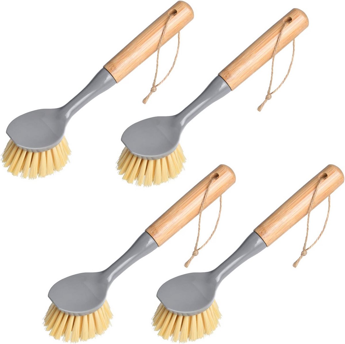 4 Stuks Lange Handvat Schotel Borstel met Bamboe Handvat en Varkenshaar Scrubber