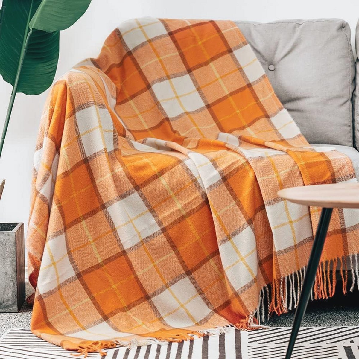Decoratieve Faux Kasjmier Gooi Dekens - Zachte Fluffy Oranje Plaid Met Franjes - Warm en Lichtgewicht Voor Thuis en Sofa