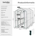 Technische tekening van een witte hobbykas met groene randen, inclusief afmetingen.