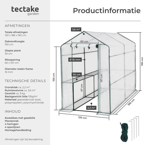 Technische tekening van een witte hobbykas met groene randen, inclusief afmetingen.