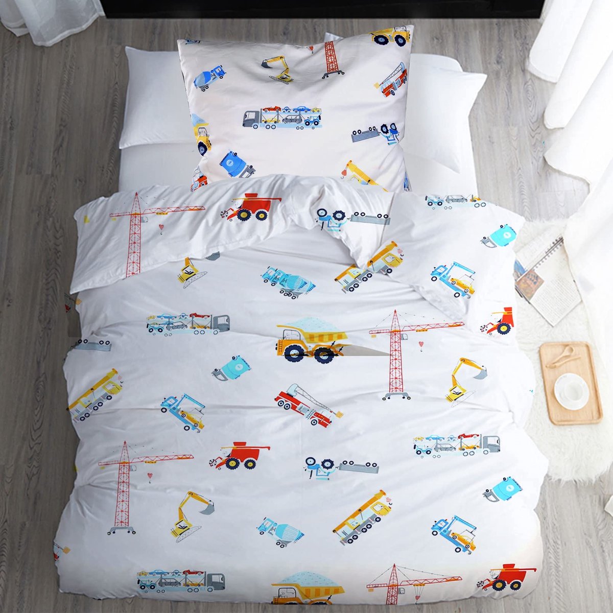 Unyqoos Kinderbeddengoed Set met Autopatroon van Katoen voor Jongens en Meisjes Wit Met Kleurrijke Patronen