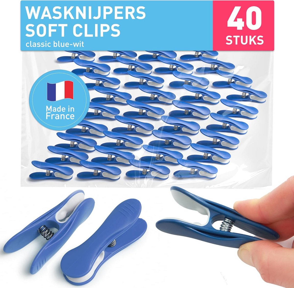 Wasknijpers Soft Clips - 40 stuks in klassiek blauw-wit