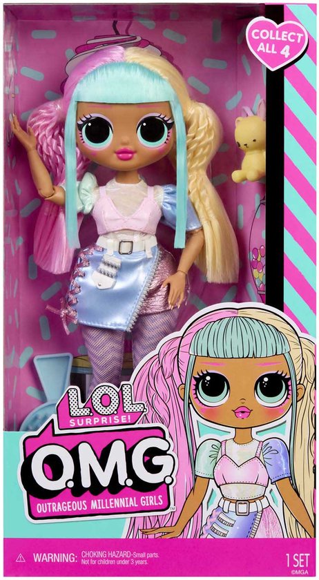 LOL Surprise OMG pop met gekleurd haar (blauw, roze, geel), schattige outfit en gele teddybeer accessoire.