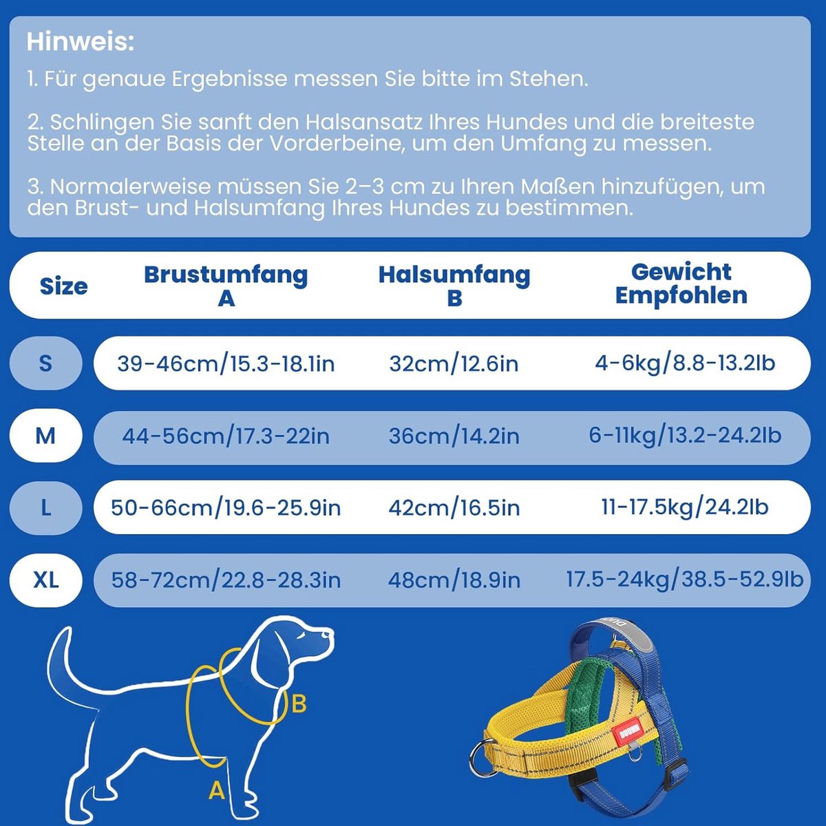 Hondentuigje met Hondenriem - Verstelbaar Y-Tuigje voor Kleine en Middelgrote Honden, Reflecterend Harnas, Handgrepen, Blauw+Geel, S