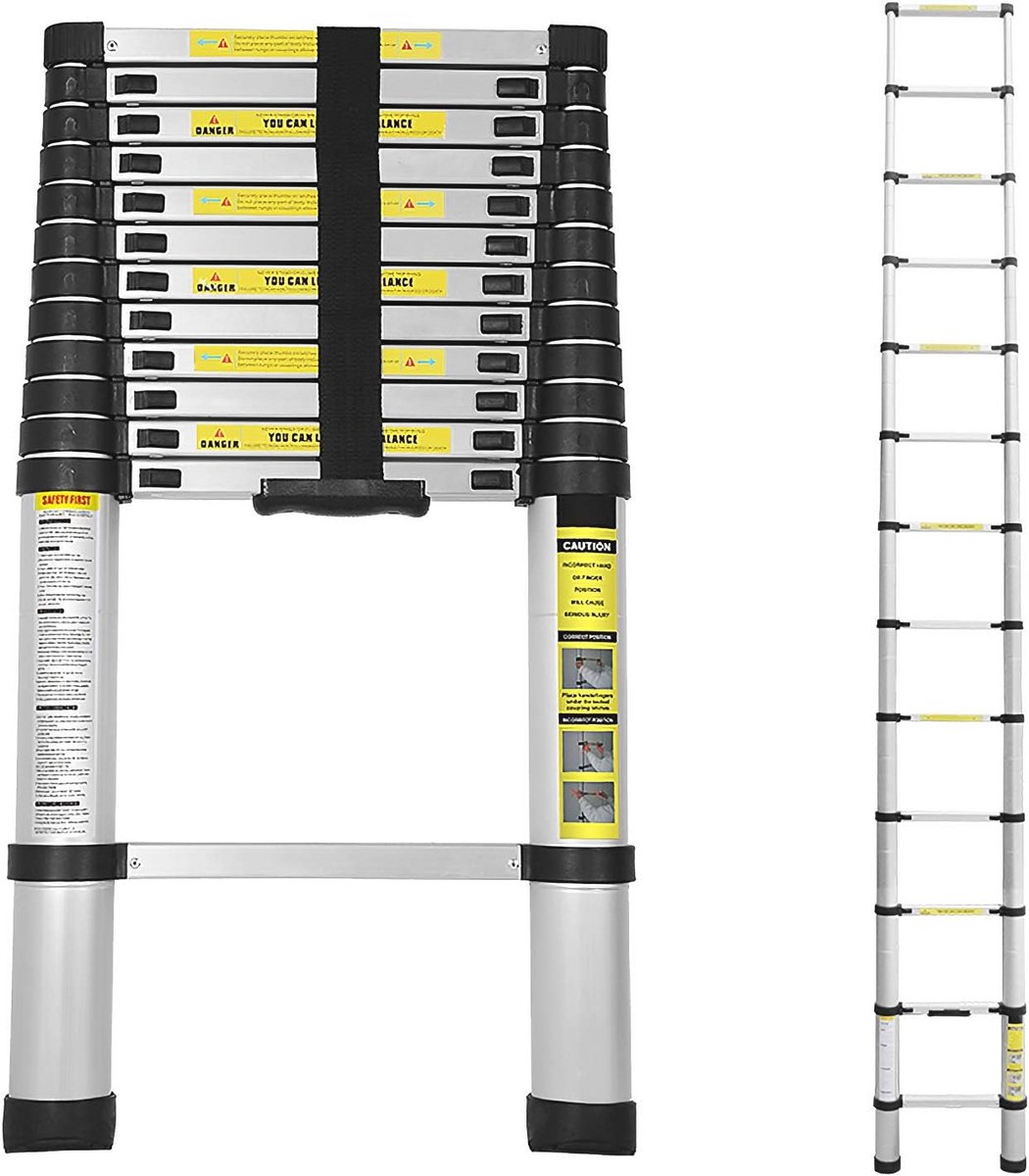 Telescopische ladder 3,8 m - Antislip multifunctionele ladder - Tot 150 kg belastbaar - Ideaal voor huisreparaties en schilderwerk
