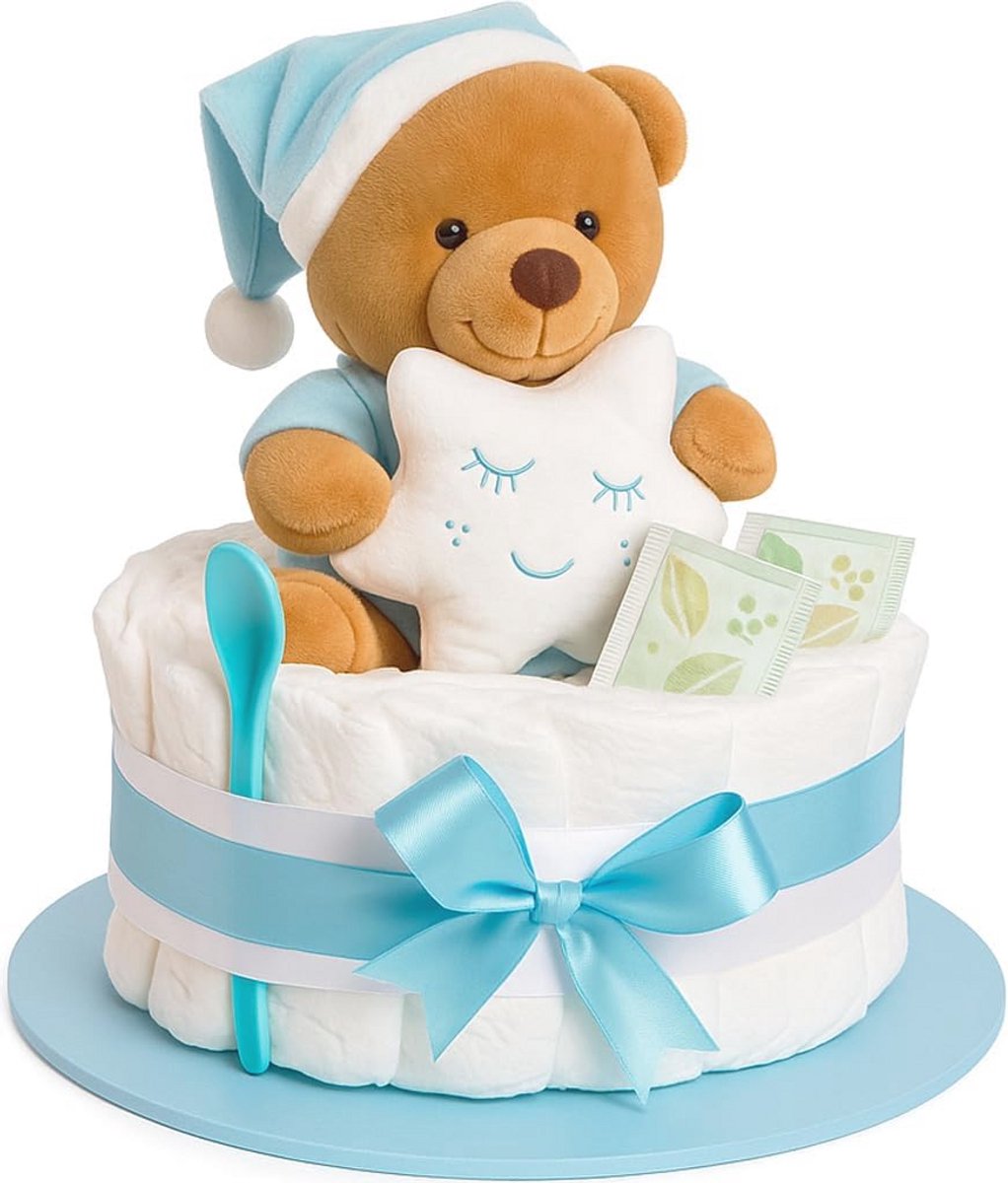 Handgemaakte Luiertaart voor Jongen in Blauw – Uniek Babycadeau voor Geboorte en Doop met Knuffeldier