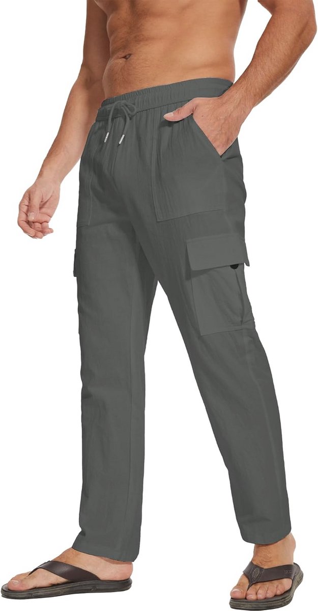 Linnen broek heren zomerlicht cargo losse vrijetijdsbroek met trekkoord