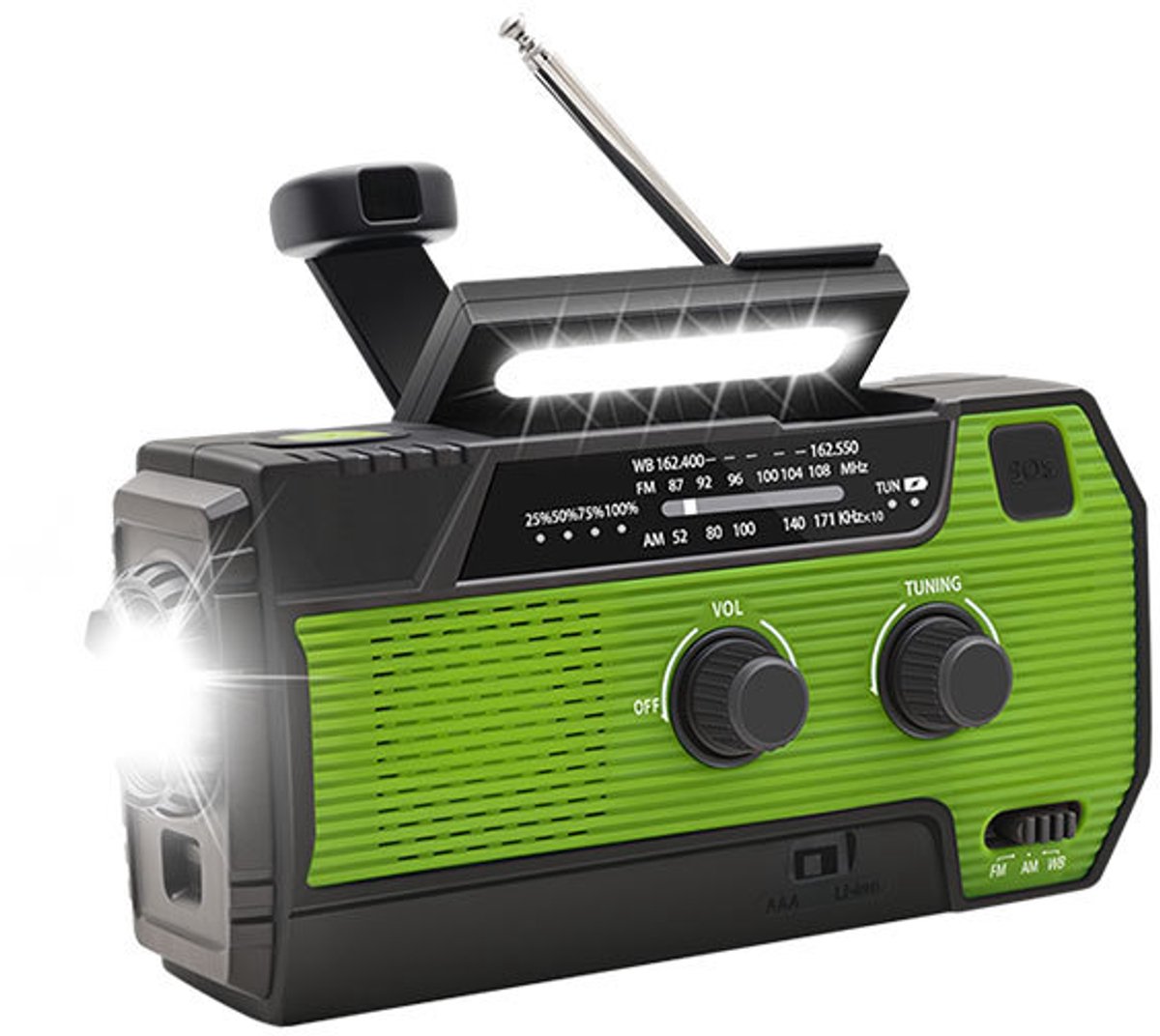 Multifunctionele radio - noodradio - Opwindbare radio - Draagbare radio - SOS-functies - 4000mah - ABS - Groen