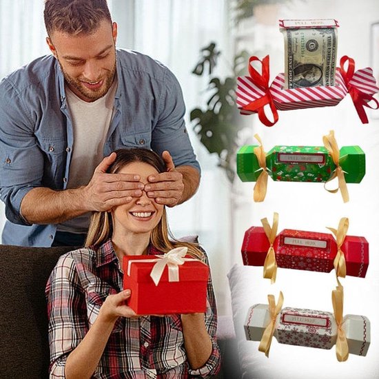 Man verrast vrouw met een rood kerstcadeaudoosje; daarnaast verschillende cracker-geldverpakkingen.