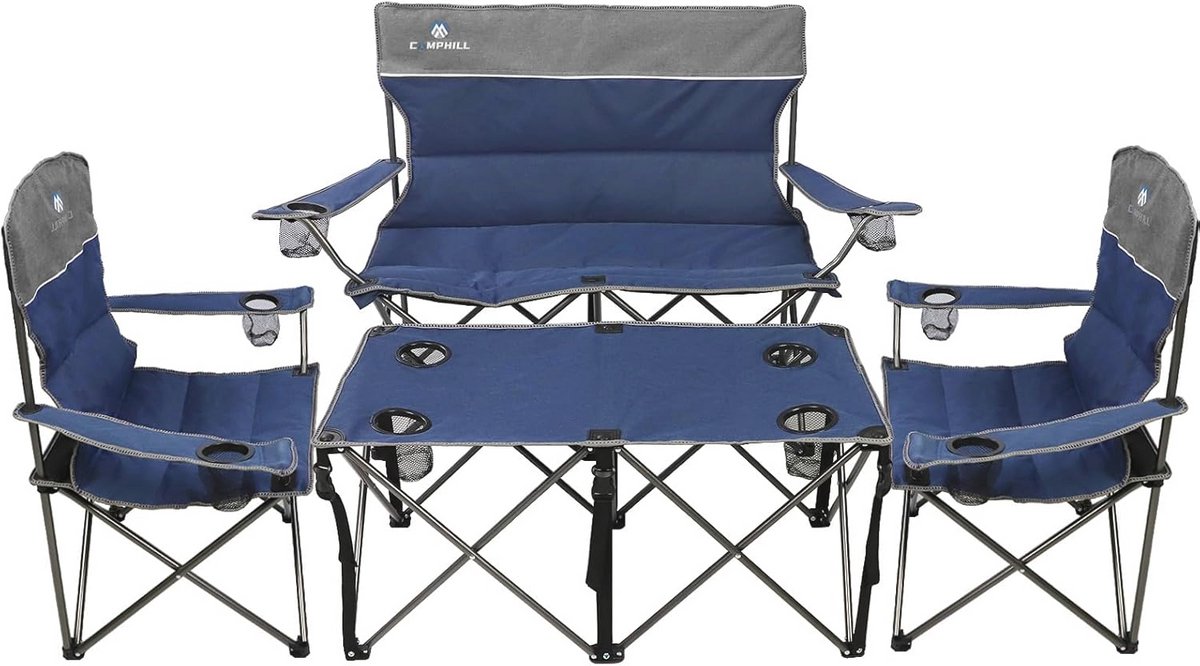 Set van 3 Opvouwbare Campingstoelen voor Zware Mensen met Bekerhouder en Draagtas - Inclusief Bankstoel en Twee Enkele Stoelen