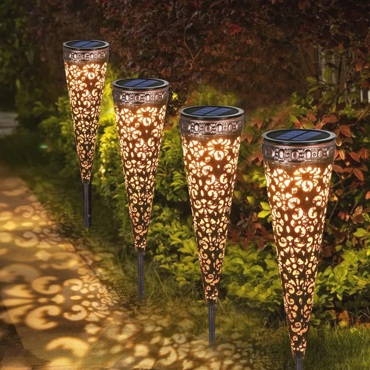 Zonne-energie Lampen voor Buiten - Vintage Metalen Tuinverlichting - IP65 Waterdicht en Warmwit - Decoratief voor Terras en Balkon - 4 Stuks