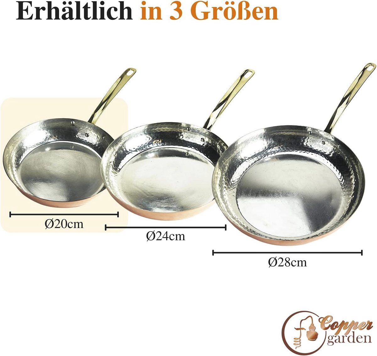 Copper Garden Koperen pan 20 cm met steel, met tin gecoate koperen pan voor ideale warmtegeleiding en -verdeling, braadpan, vaatwasmachinebestendig en robuust, 100% geschikt voor levensmiddelen