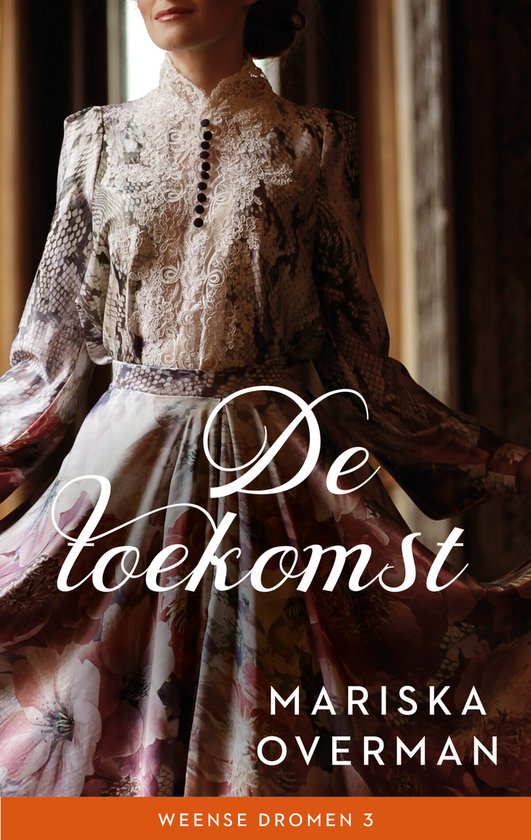 Boekomslag met de titel 'De toekomst' in sierlijke letters, geschreven door Mariska Overman. De jurk van het model is bedrukt met bloemen en slangenprint.