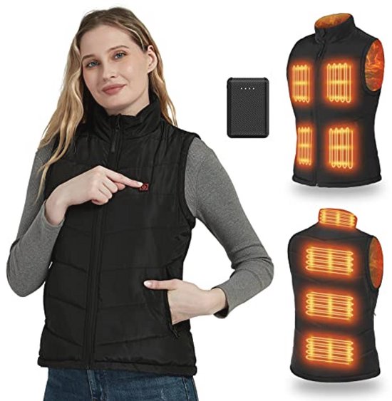Elektrisch verwarmd vest voor heren en dames, 4 verwarmingszones, USB-opladen, ultralicht, tegen kou, voor skiën, motorrijden, vissen, kamperen (batterij niet inbegrepen), zwart., XXL