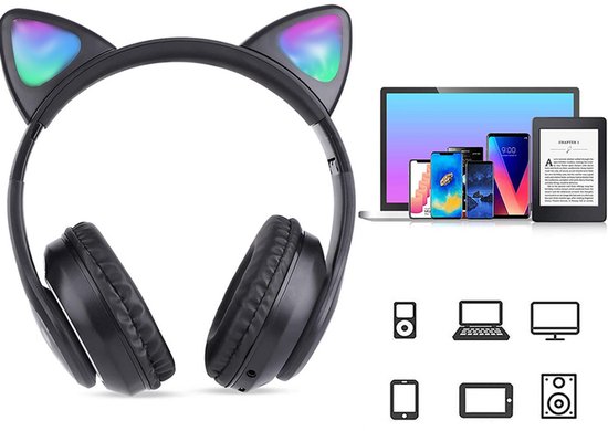 Draadloze Bluetooth Koptelefoon met FM, MP3 & LED Kattenoren–bluetooth koptelefoon–bluetooth headset– Draadloze Koptelefoon voor Kinderen–Led Verlichting –Katten Oortjes–zwart–55640
