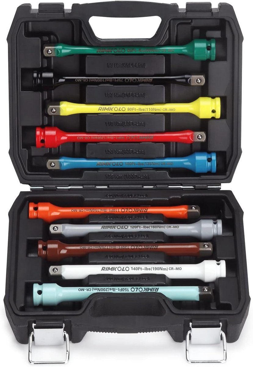 Aandrijfkoppel Beperkende Verlengstangset - 10-delige Torque Sticks met Kleurcodering (65 tot 150 Ft-Lbs)