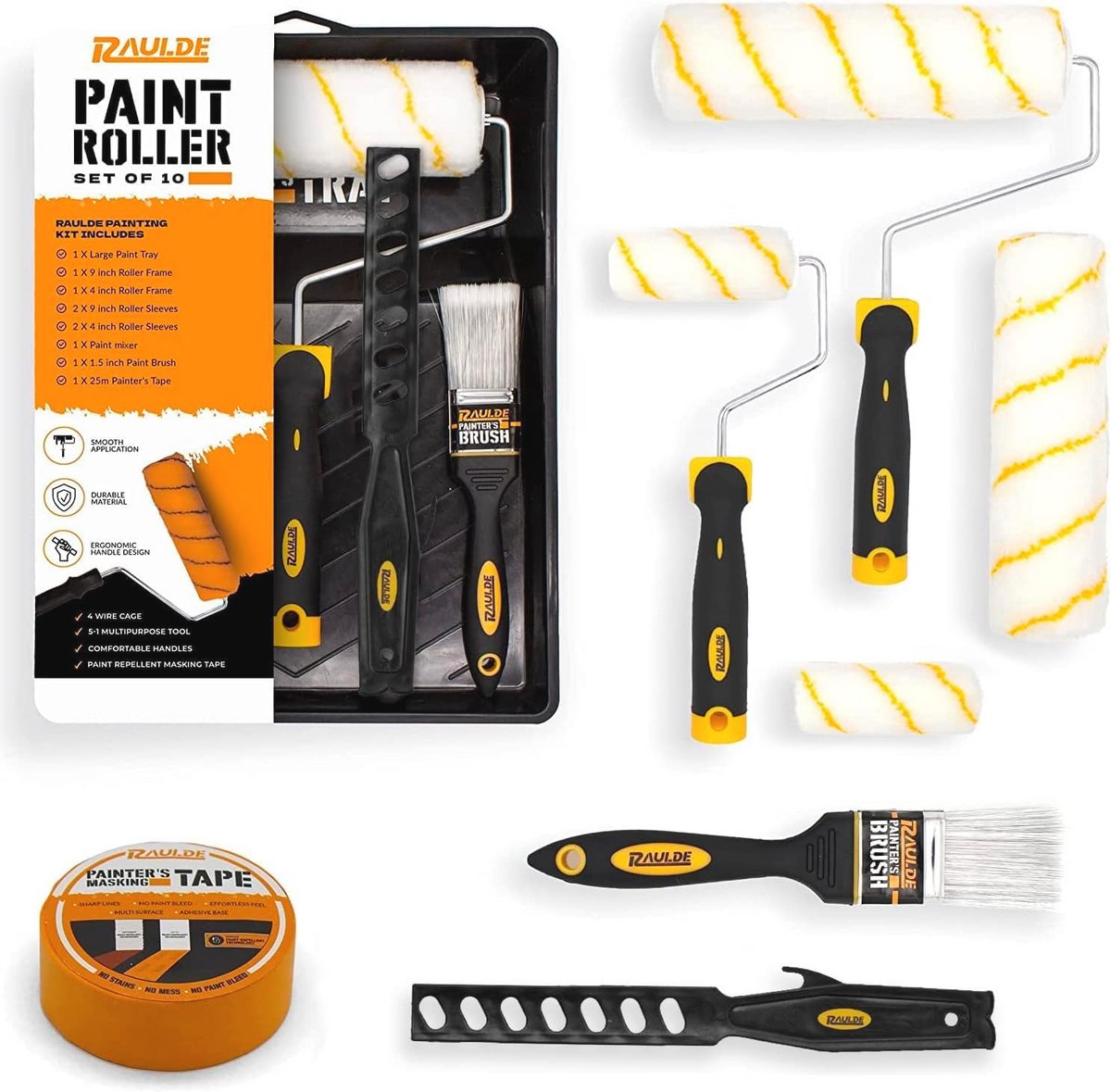 Paint Roller Set - 10-delige set met verftray, borstel, grote en mini rollers, schuurmof, schilderstape en menger