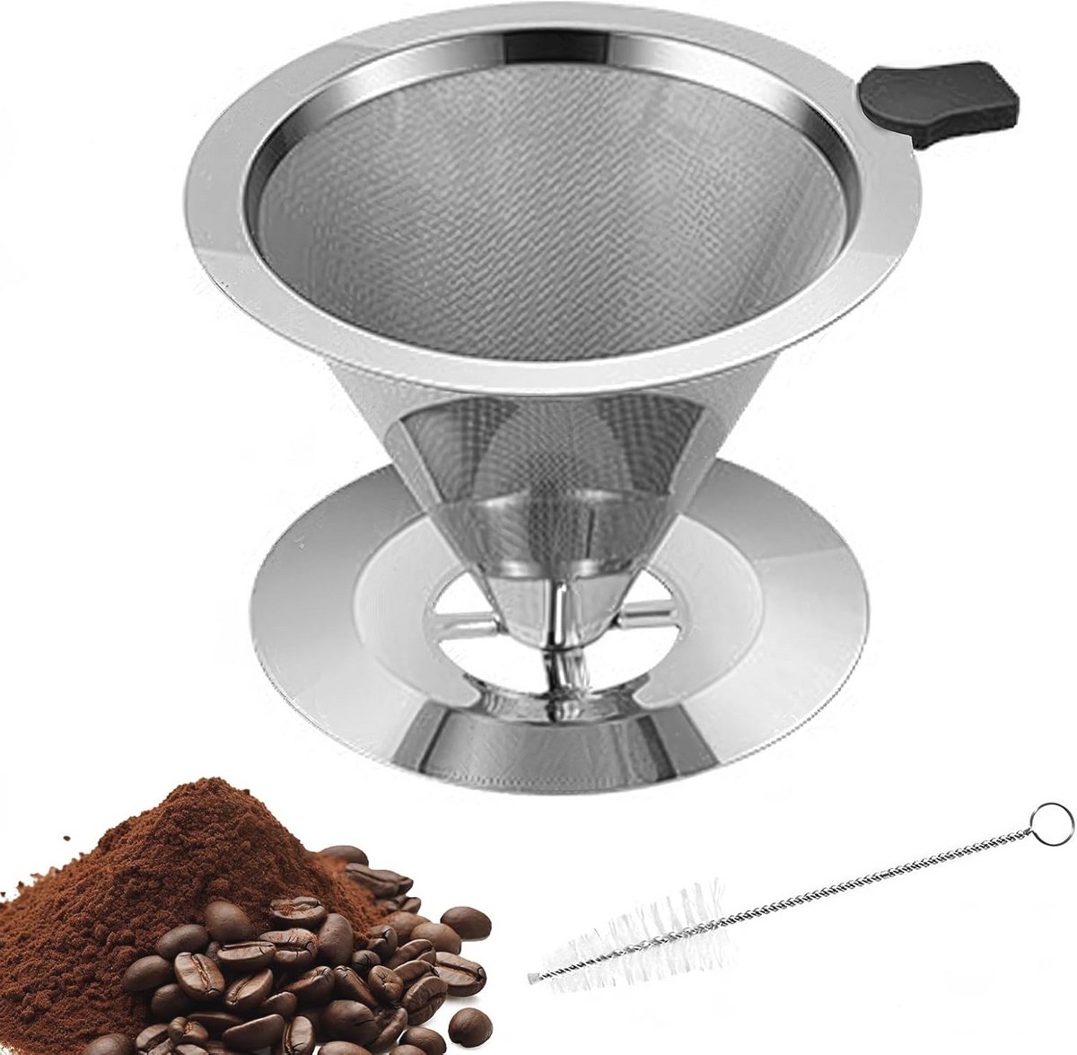 Herbruikbare roestvrijstalen koffiefilter maat 4 met borstels - voor handmatige bereiding van koffie