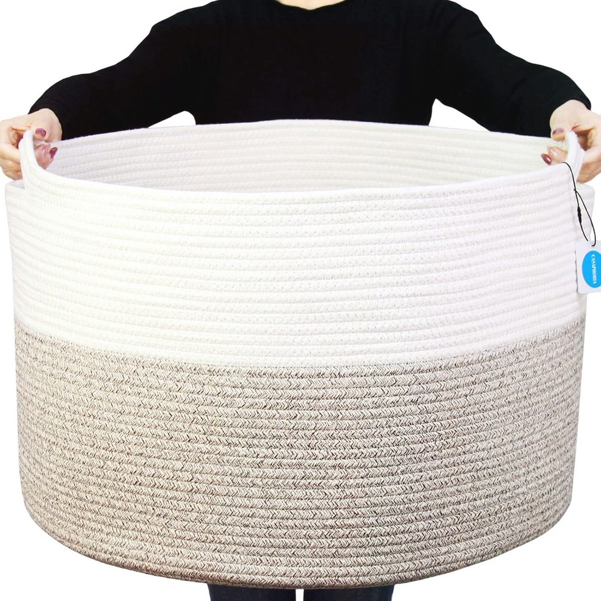 Grote Katoenen Touwmand voor Woonkamer - Geweven Opbergmand met Handvat - Perfect voor Dekens, Handdoeken, en Kussens - Wit en Bruin (55,9 x 55,9 cm x 35,6 cm)