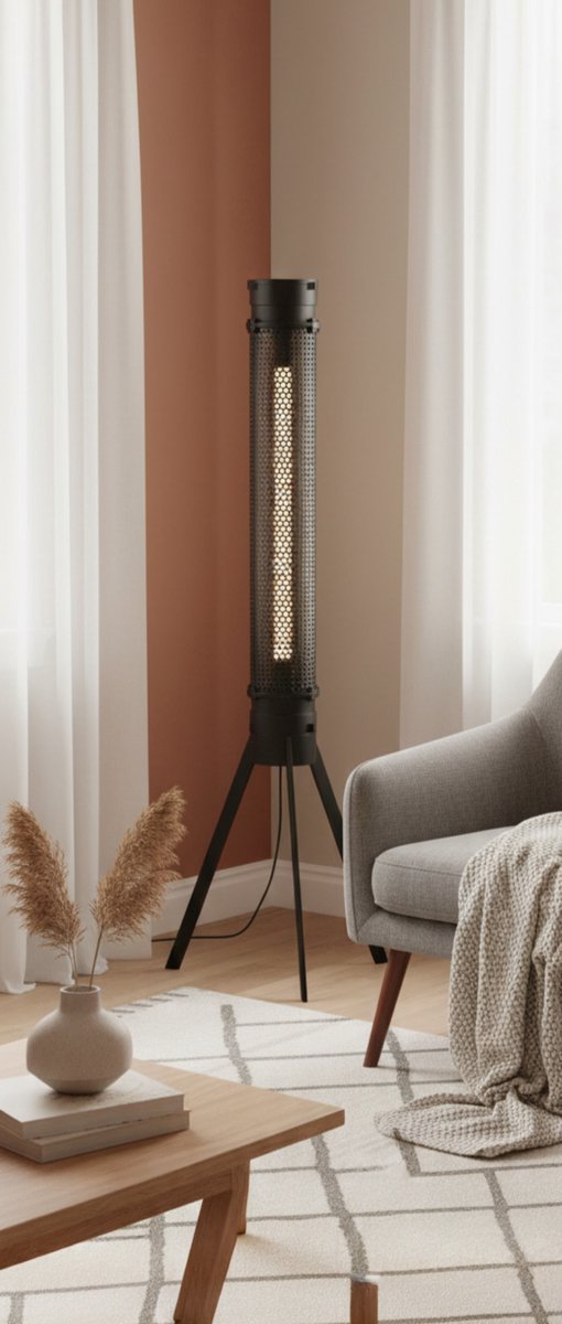 Tafellamp Industrieel 30x30x50 cm – Zwarte Cilindervormige Tube Lamp met Geperforeerd Metaal en Dimbare T8 Lichtbron – Retro & Modern Design voor Woonkamer en Slaapkamer – Altameubel