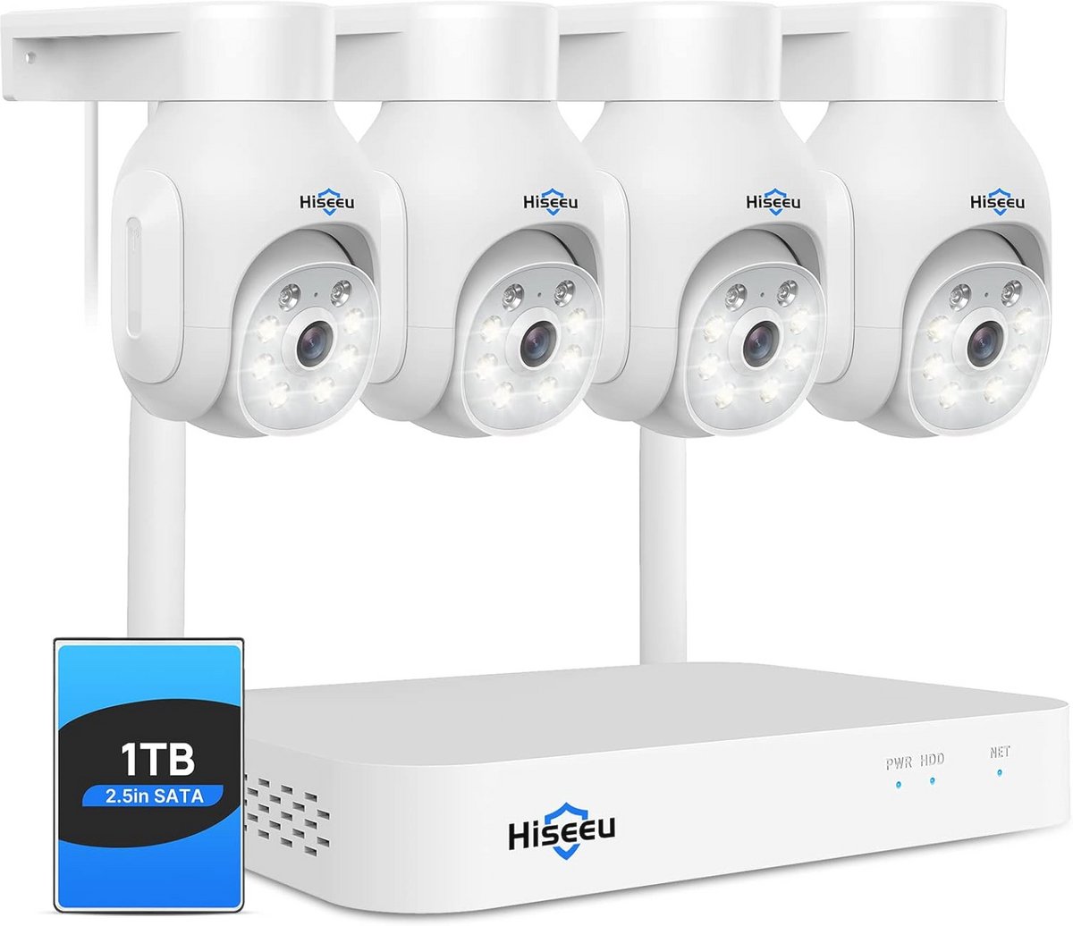 10 kanalen + 1 TB HDD: Hiseeu bewakingscamera's voor buiten, accuset, 4 x WLAN-accu, PTZ-camera's met kleuren-nachtzicht, 2-weg audio, PIR-bewegingsdetectie, app-alarm, IP66-weerbestendig