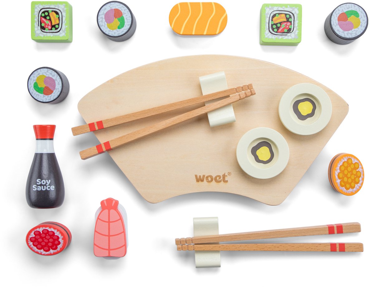 Woet® Houten Sushi Speelset - 21-delig Japans Rollenspel Speelgoed - Inclusief Stokjes, Sojasaus en Serveerplank - Speelgoedeten - Educatief Keukenspeelgoed - Vanaf 3 Jaar — afbeelding 3