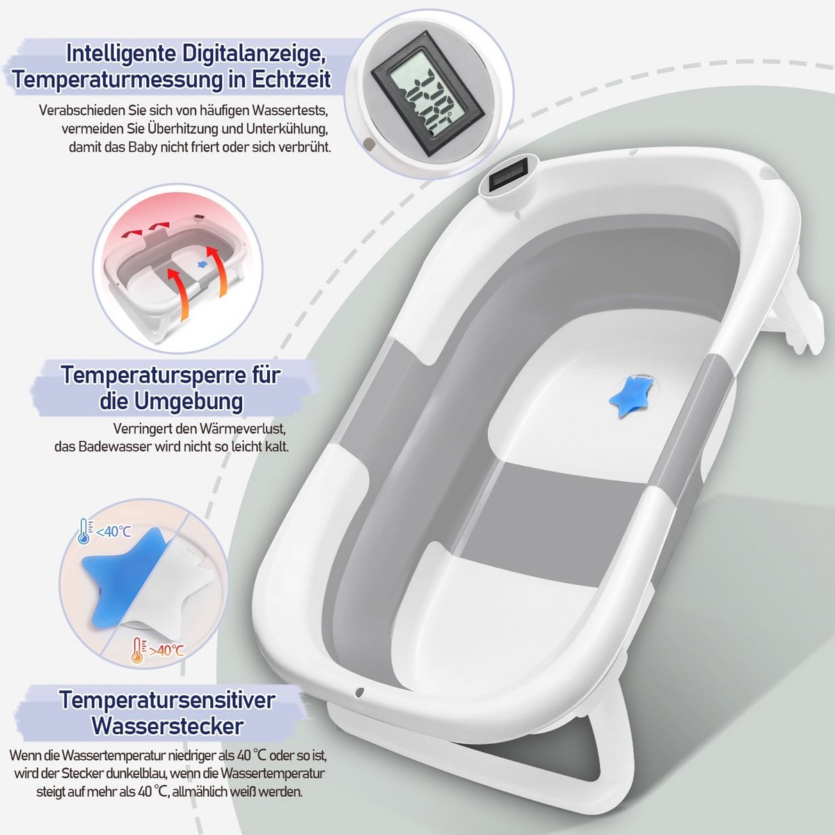 Opvouwbare Babybadkuip voor Baby's tot 36 maanden met Thermometer en Badmat - Praktische en Veilige Badervaring thumbnail 2