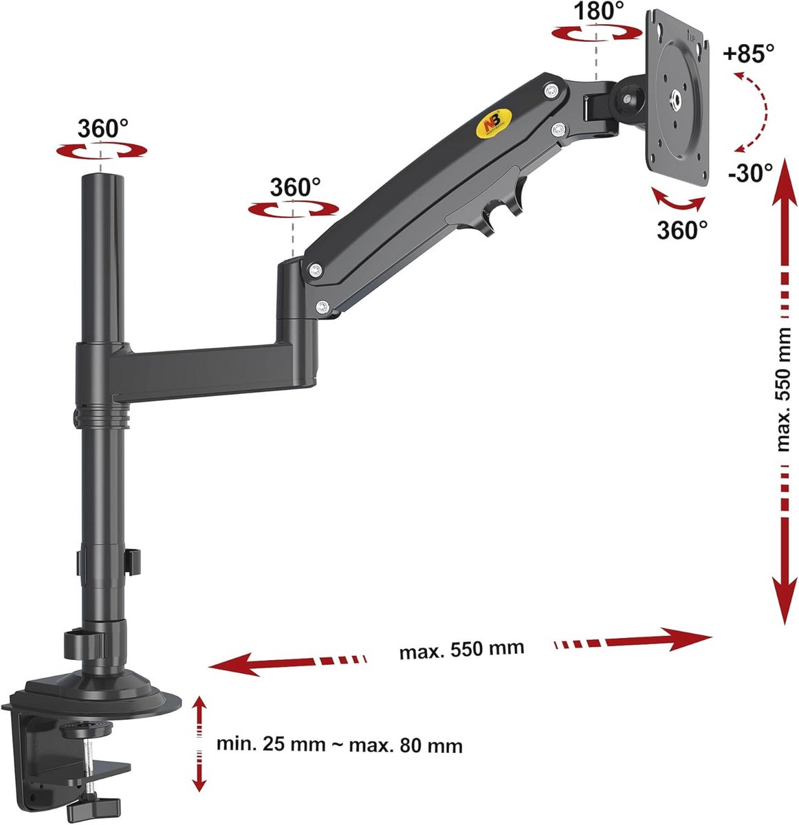 Gasveer monitorarm voor 22-35 inch schermen - VESA tot 100x100 mm, tot 12 kg