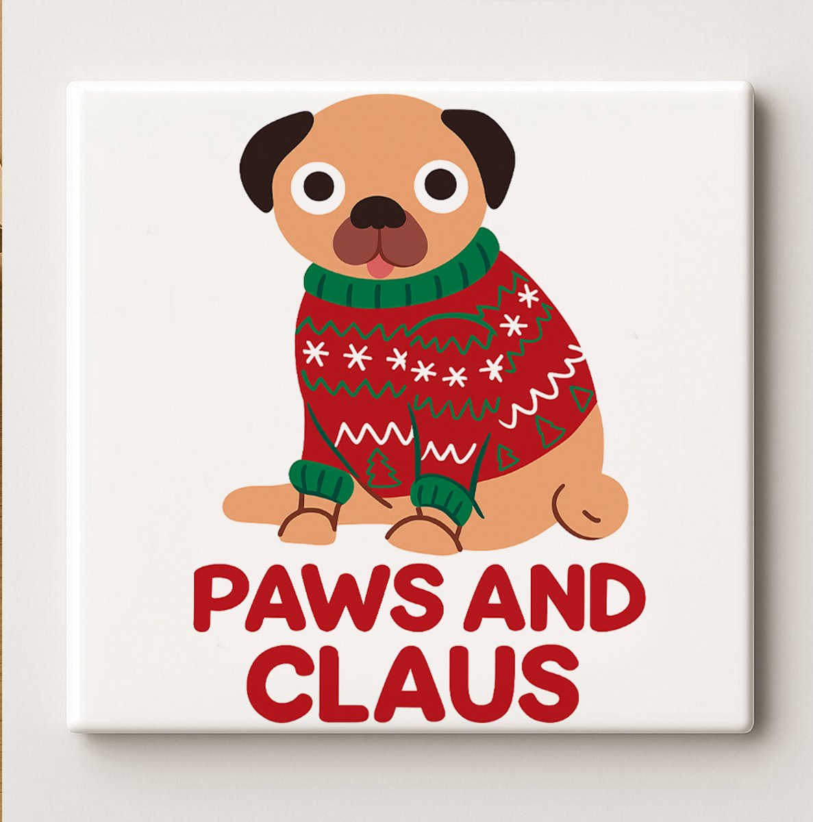 Nevolis Paws and Claus Decoratieve Tegel 15x15 cm – Schattige Kersthond in Trui – Feestelijke Kerst Dieren Wanddecoratie Multi Color