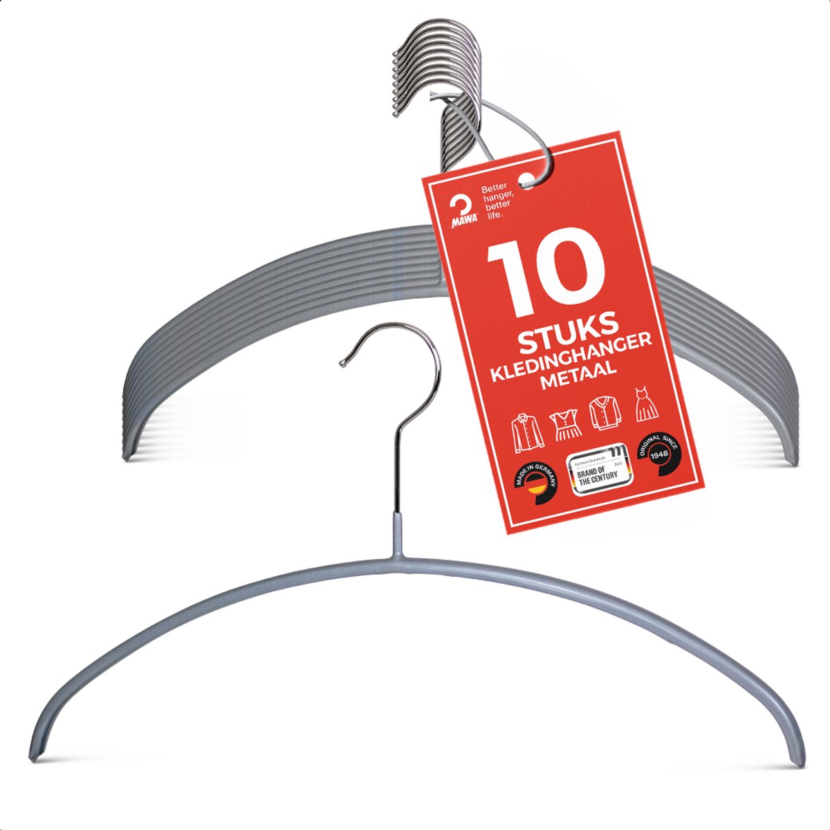MAWA Kledinghangers - Set van 10 - Ruimtebesparende en Antislip Hangers voor Overhemden en Blouses - 360° Draaibare Haak - Hoogwaardige Antislip-Coating - 36 cm, Zilver