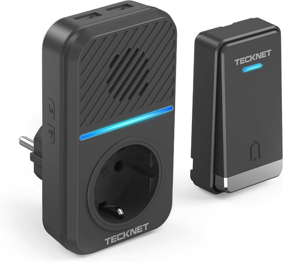 Zwarte deurbelzender met stopcontact en blauwe LED-verlichting, naast een aparte deurbelknop.