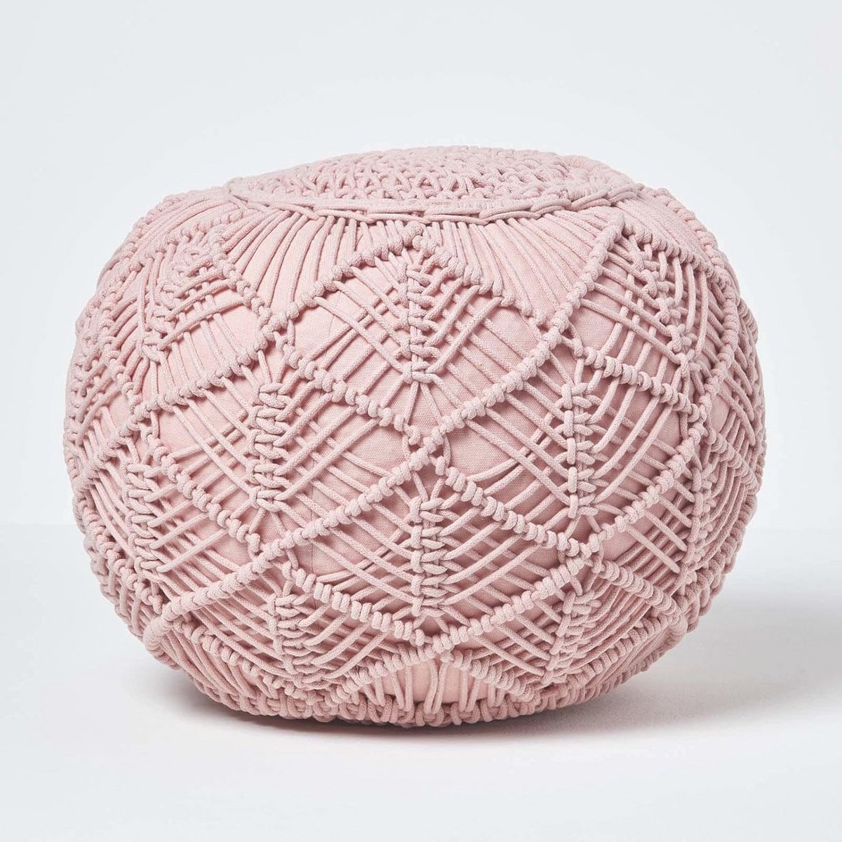 35 cm Hoog Roze Macrame Gehaakte Poef van 100% Katoen - Duurzaam en Stijlvol