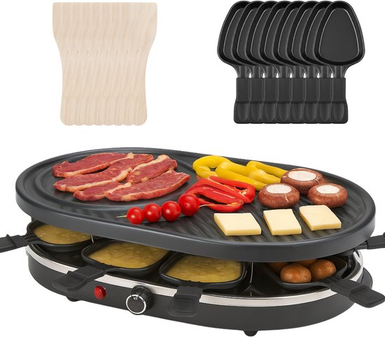Cheqo® Raclette Grill 8 Personen - Compacte Raclette Grill - Stalen Grillplaat - Antiaanbaklaag - PFAS-Vrij - Gourmet - Gourmetten - Anti-Slip Voetjes - Houten Spatels - Eenvoudig Te Reinigen — afbeelding 3