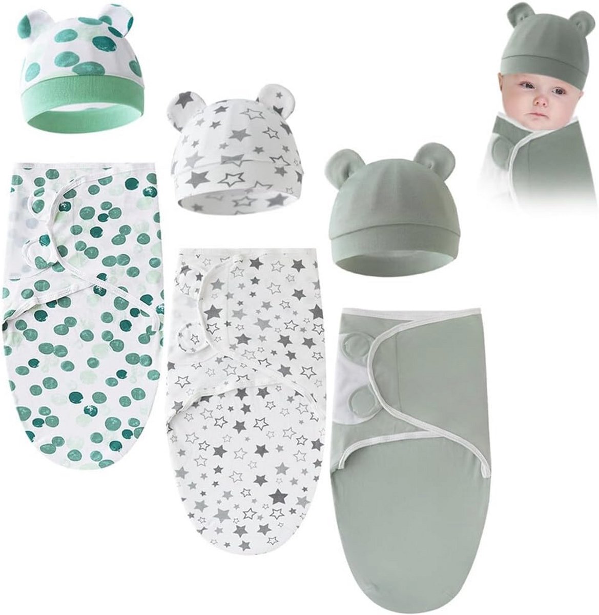 Inbakerdeken voor Pasgeborenen met Hoed - Instelbare Wikkeldeken voor Baby's (0-6 maanden)