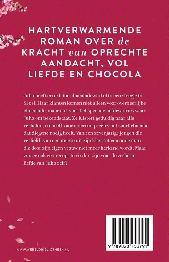 Boekomslag met roze bloesemtakken en de titel 'Hartverwarmende roman over de kracht van oprechte aandacht, vol liefde en chocola'.